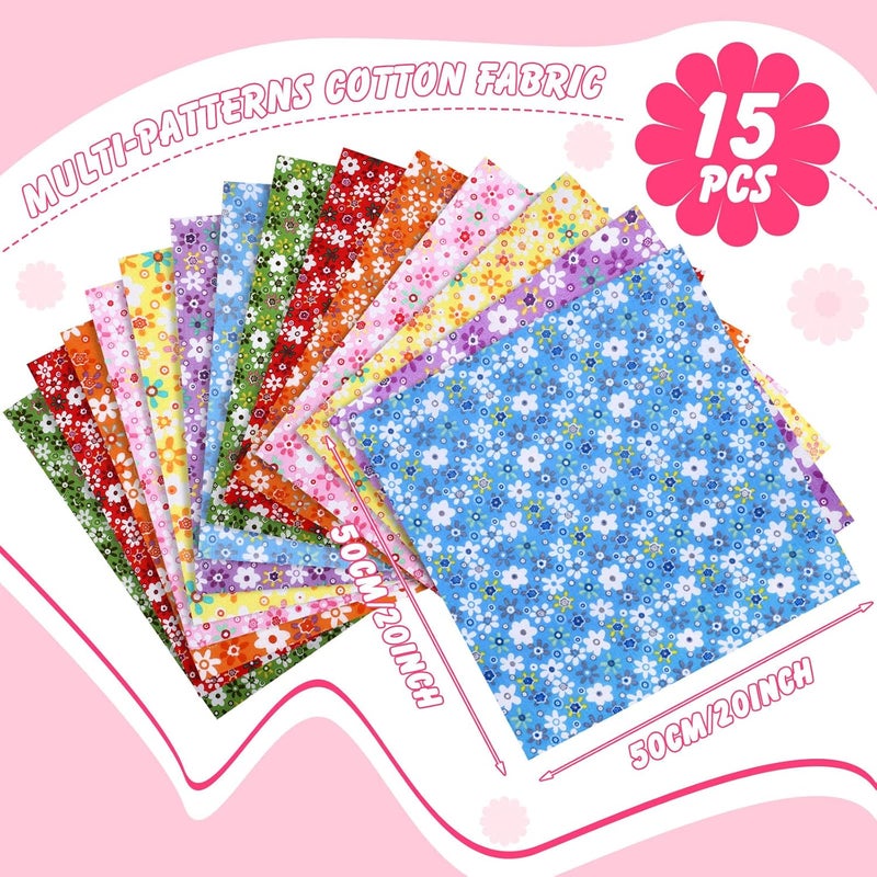 Kingdder 15 Pcs 20 x 20 Inch Cotton Fabric Floral Square Quilting Patchwork Flower Fabric Fat Quarter Colorful Printed Square Patchwork Fat Bundles for DIY Crafts Cloths Handmade Accessories Supplies - Image 2